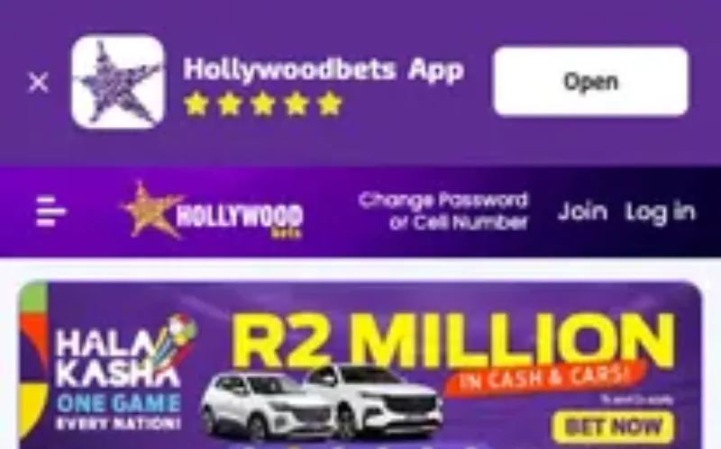 Screenshot of the Hollywoodbets betting site, captured during our review