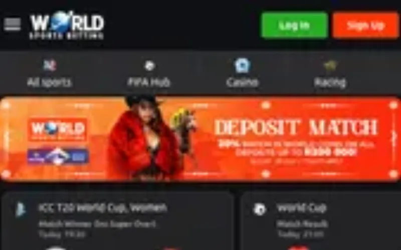 Screenshot of the World Sports Betting betting site, captured during our review