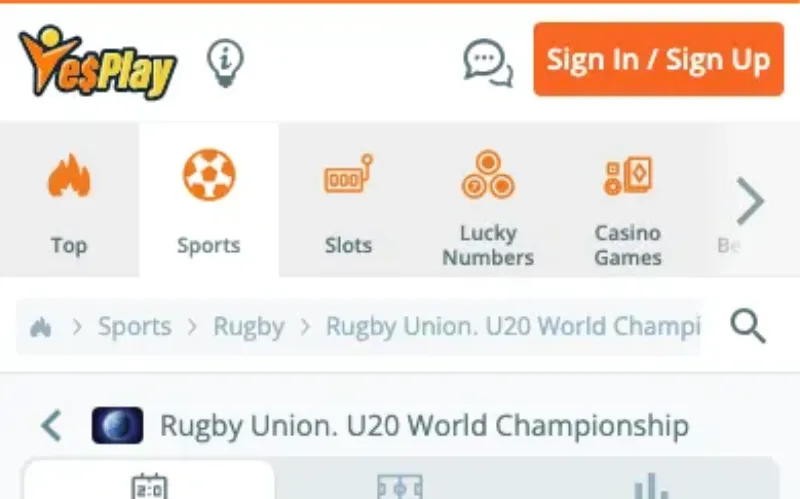 Screenshot of the YesPlay betting site, captured during our review